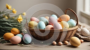 Easter eggs in a wooden basket on a light background