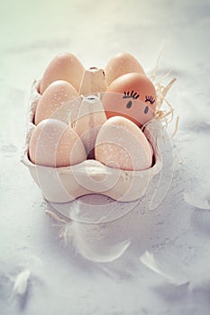 Easter eggs on wooden table. Easter decoration