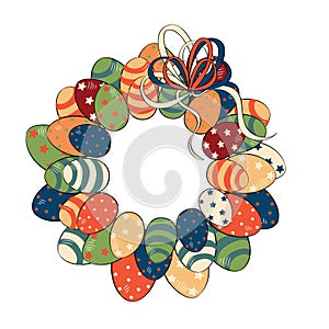 Easter eggs wreath with bow. Vector illustration on white background