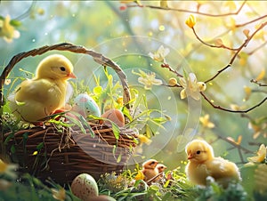 Easter eggs and yellow chickens in a basket on a green grass