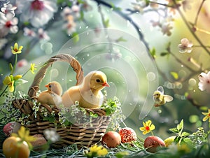 Easter eggs and yellow chickens in a basket on a green grass
