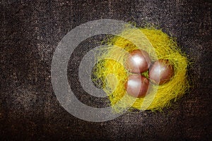 Easter eggs in a yellow nest on burlap texture.