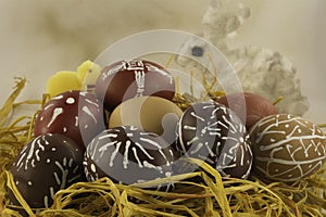 Easter eggshells with rabbit and chick
