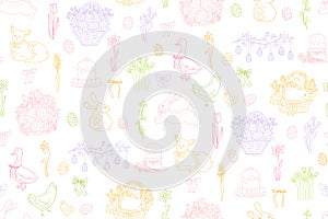 Easter elements doodle seamless pattern Easter eggs rabbit chicken goose lamb boundless background