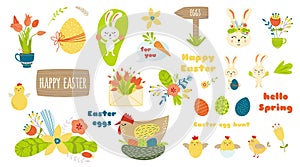 Easter elements set clip art Cute characters Happy Easter eggs flowers chicken chicks cute bunny text vector