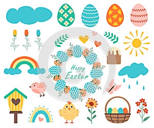 Easter elements set. Cute birds, Easter eggs, chickens, a wreath of Easter eggs and the inscription Happy Easter, spring