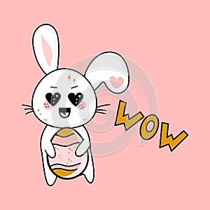 easter emotional rabbit in vector cartoon style kawaii with an egg and the inscription wow, vector illustration