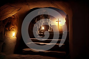 Easter. Empty tomb of Jesus with crosses At Sunrise