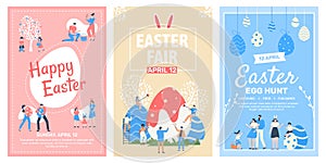 Easter event fair flyer. Happy easter celebrating event posters, spring holiday fair, family spring egg festival