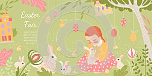 Easter fair vector banner with cute baby girl with rabbits and chicks on cityscape and spring garden background
