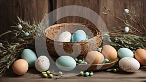 Easter festive decor with willow branches, eggs on a wooden background