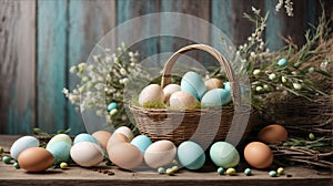 Easter festive decor with willow branches, eggs on a wooden background