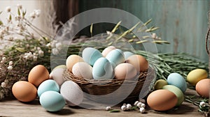 Easter festive decor with willow branches, eggs on a wooden background