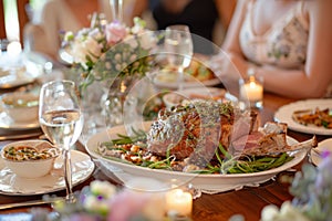 Easter festive dinner table, featuring a roasted lamb close up