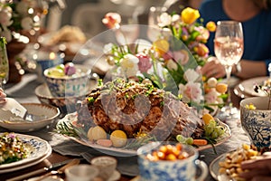 Easter festive dinner table, featuring a roasted lamb and flowers close up