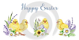 Easter festive flower decor set. Watercolor illustration. Baby bird, colored eggs, garden flowers vintage style