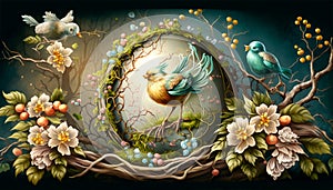 Easter - festive illustration with birds, plants and Easter eggs. Postproducted generative AI digital illustration.