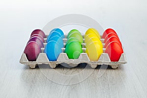 Easter festive multicolor eggs carton, light gray wooden background