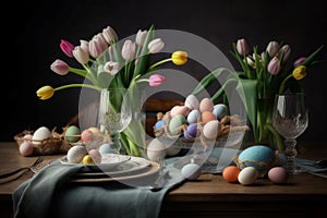 Easter festive table with eggs and tulips flowers. Generate ai