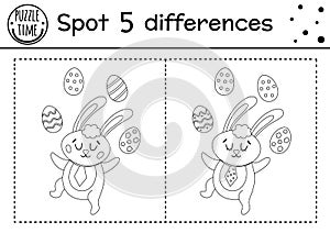 Easter find differences game for children. Holiday black and white educational activity and coloring page with funny bunny