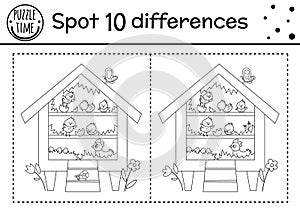 Easter find differences game for children. Holiday black and white educational activity and coloring page with funny roost with photo