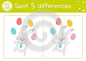 Easter find differences game for children. Holiday educational activity with funny bunny juggling with colored eggs. Printable