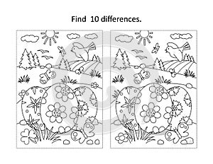 Easter find the differences picture puzzle and coloring page with three painted eggs