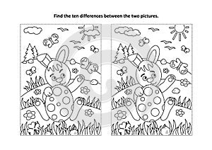 Easter find the differences visual puzzle and coloring page with bunny and painted egg