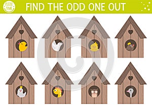 Easter find odd one out activity for children with nestlings in bird houses. Fun spring puzzle with cute little birds in starling