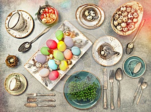 Easter flat lay with colored eggs decoration Vintage toned