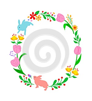 Easter floral and rabbits in circle frame.