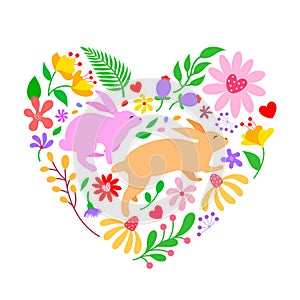 Easter floral and rabbits in heart shape.
