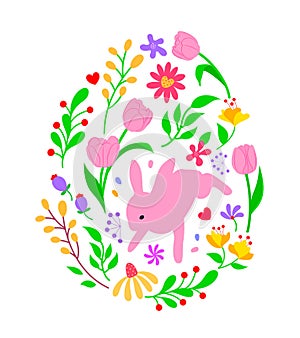 Easter floral and rabbits in oval shape.