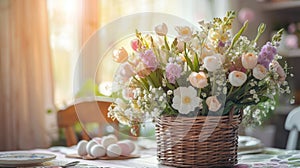 An Easter flower arrangement bouquet in a basket with Easter eggs stands on the festive dining table on Easter morning