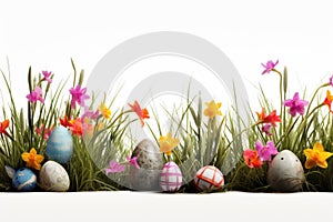 easter flowers with grass and eggs white background. ai generated