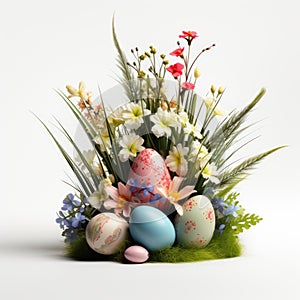 easter flowers with grass and eggs white background. ai generated