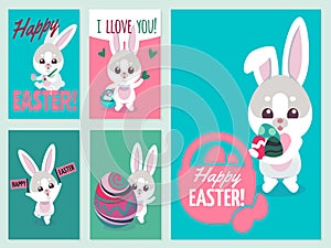 Easter flyers. Traditional fun elements for easterd holiday invitation with eggs and happy cute bunny vector set