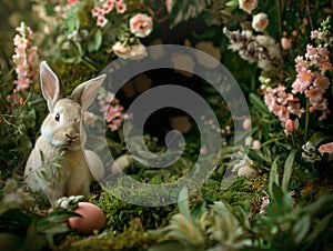 Easter forest with bunny and copy space. Ai generated
