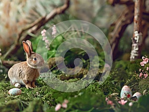 Easter forest with bunny and copy space. Ai generated