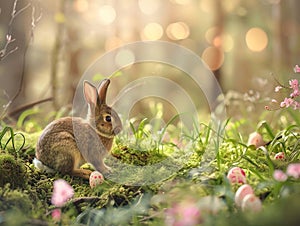 Easter forest with bunny and copy space. Ai generated