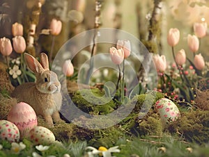 Easter forest with bunny and copy space. Ai generated