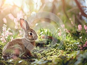 Easter forest with bunny and copy space. Ai generated