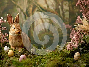 Easter forest with bunny and copy space. Ai generated