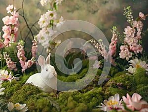 Easter forest with bunny and copy space. Ai generated