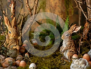 Easter forest with bunny and copy space. Ai generated