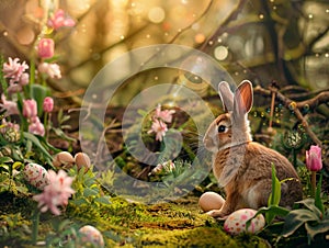 Easter forest with bunny and copy space. Ai generated