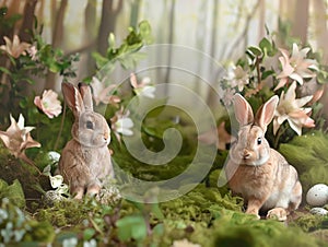 Easter forest with bunny and copy space. Ai generated