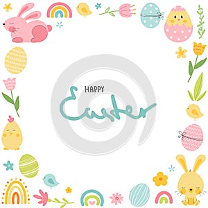 Easter frame with bunny, eggs, rainbow, flowers