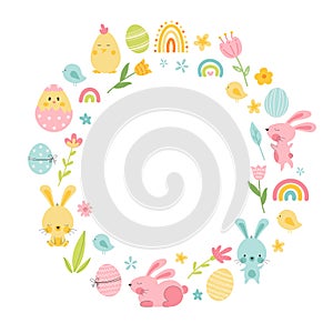 Easter frame with bunny, eggs, rainbow, flowers