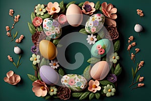 Easter frame with eggs and spring flowers. Generative AI illustration